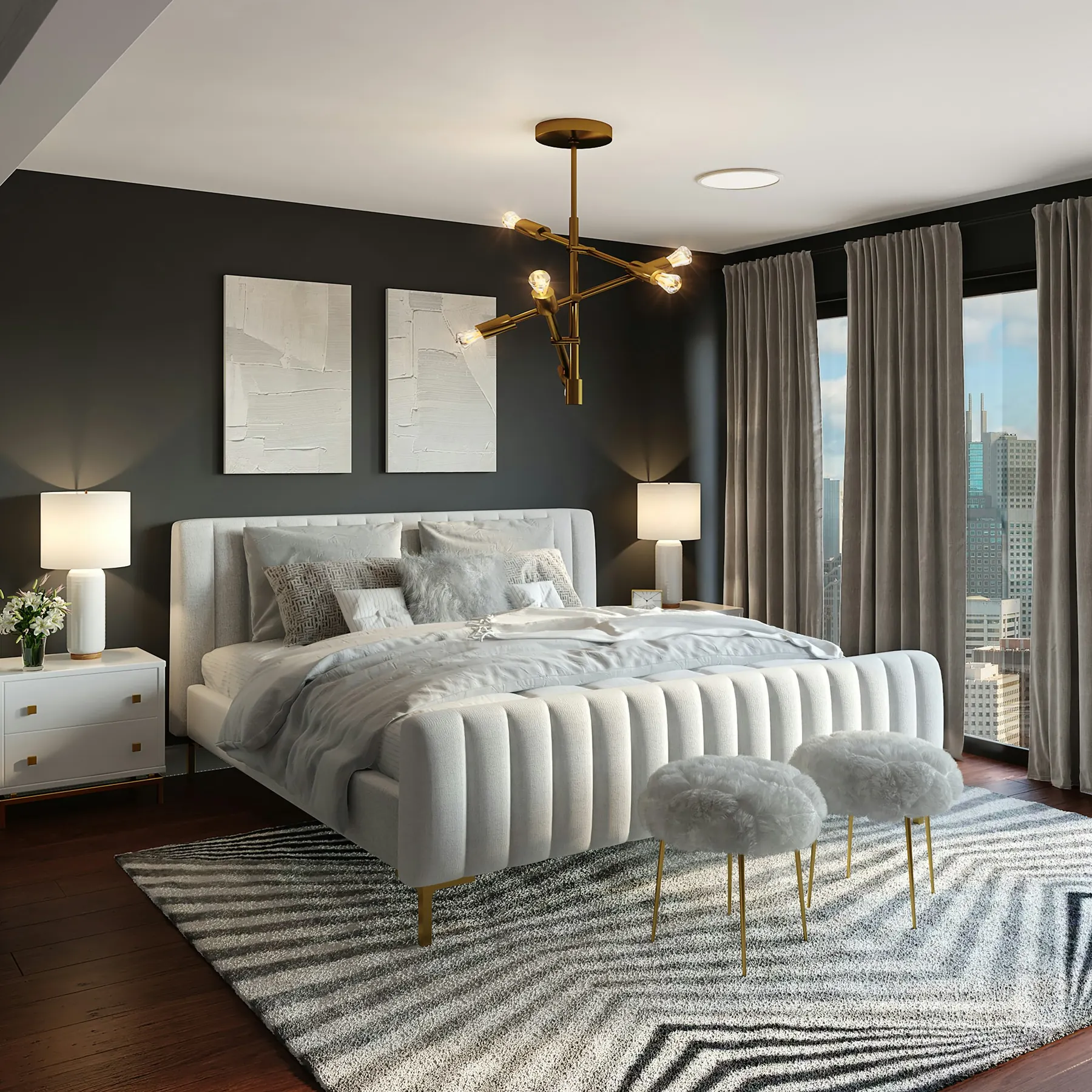 Bedroom with upholstered bed and pendant light