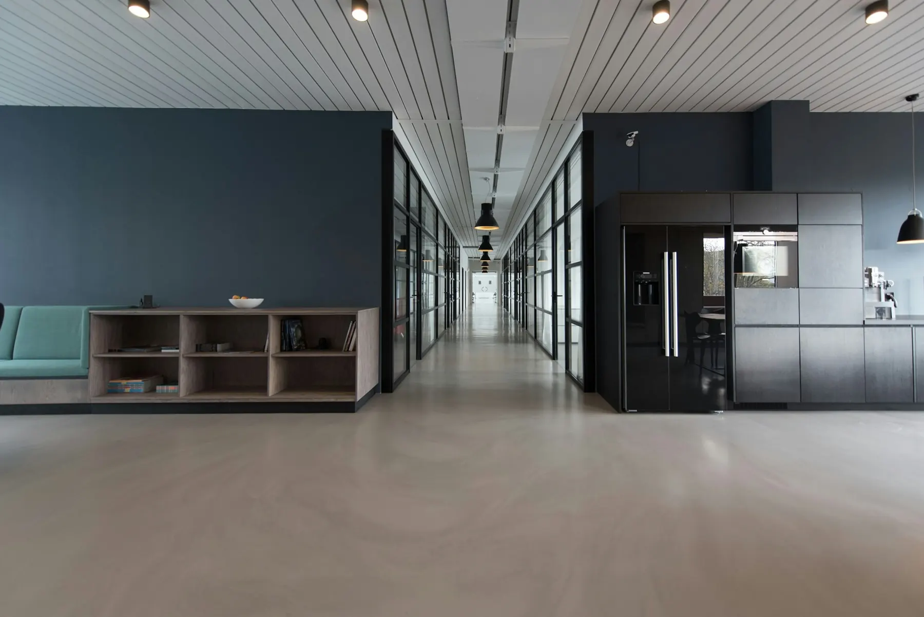 Open office interior with glass partitions