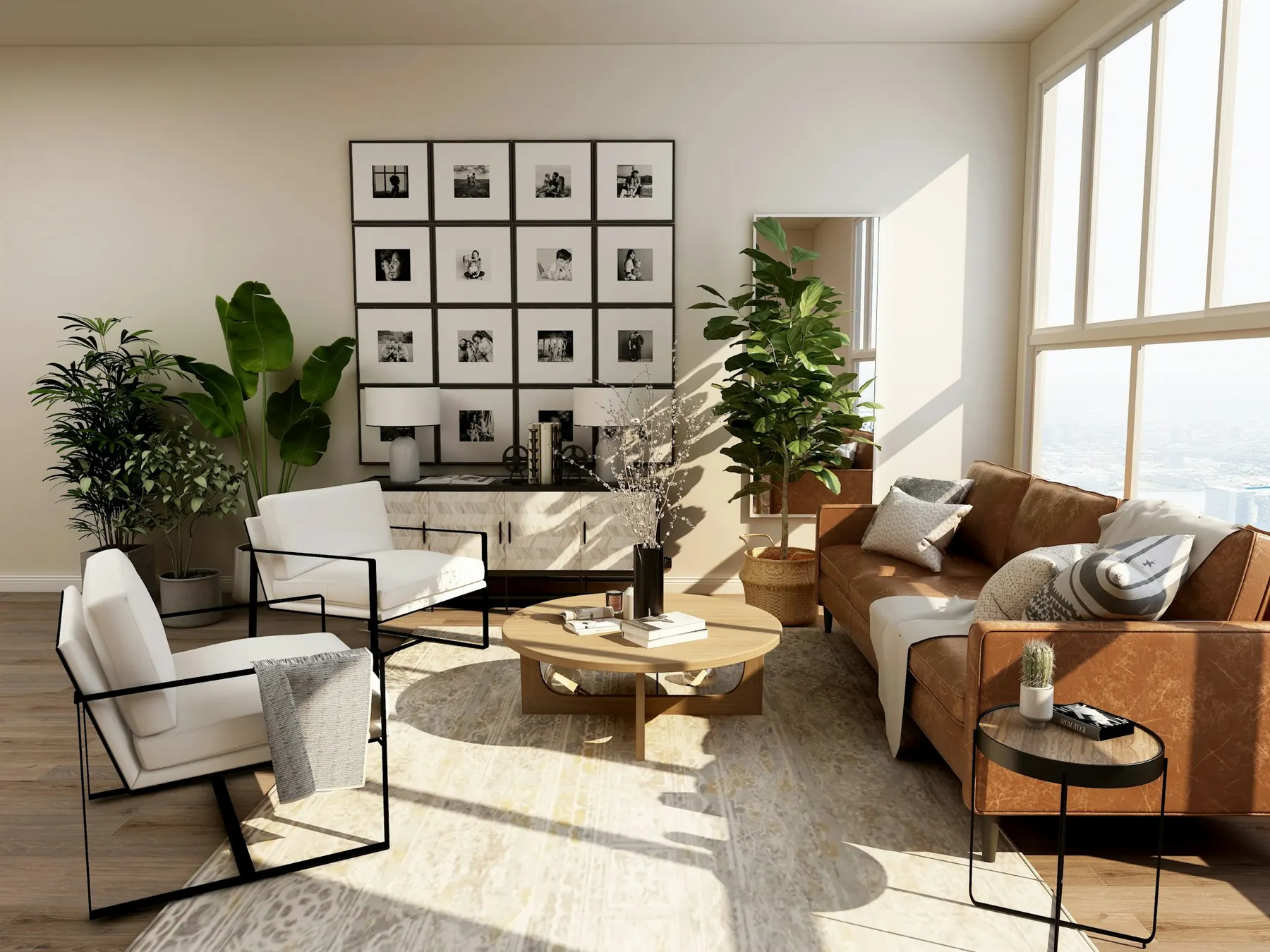 Living room with leather sofa and plants